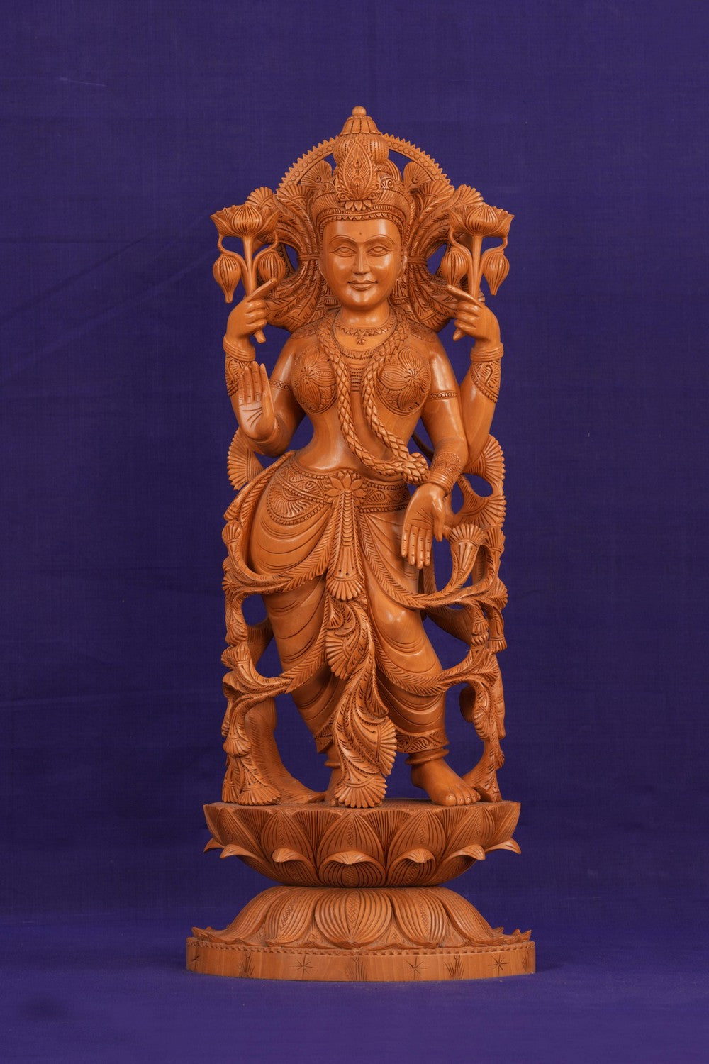 Image of Cedar Wood Carving Goddess Lakshmi Statue